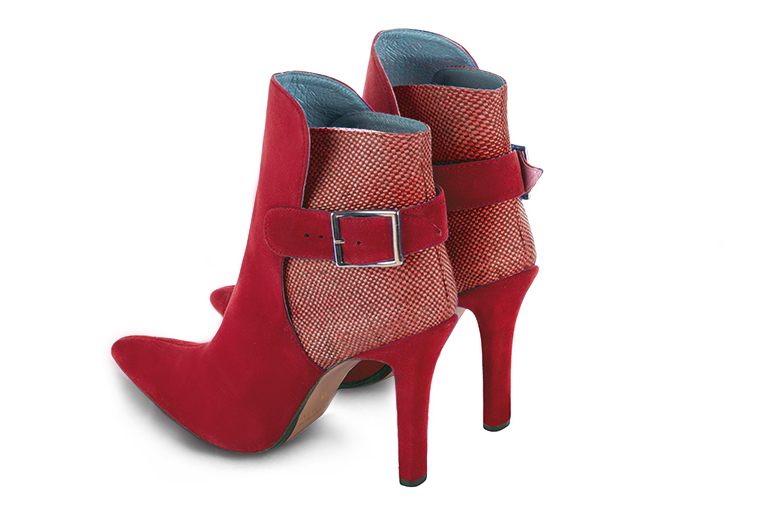 Cardinal red women's ankle boots with buckles at the back. Tapered toe. Very high slim heel. Rear view - Florence KOOIJMAN
